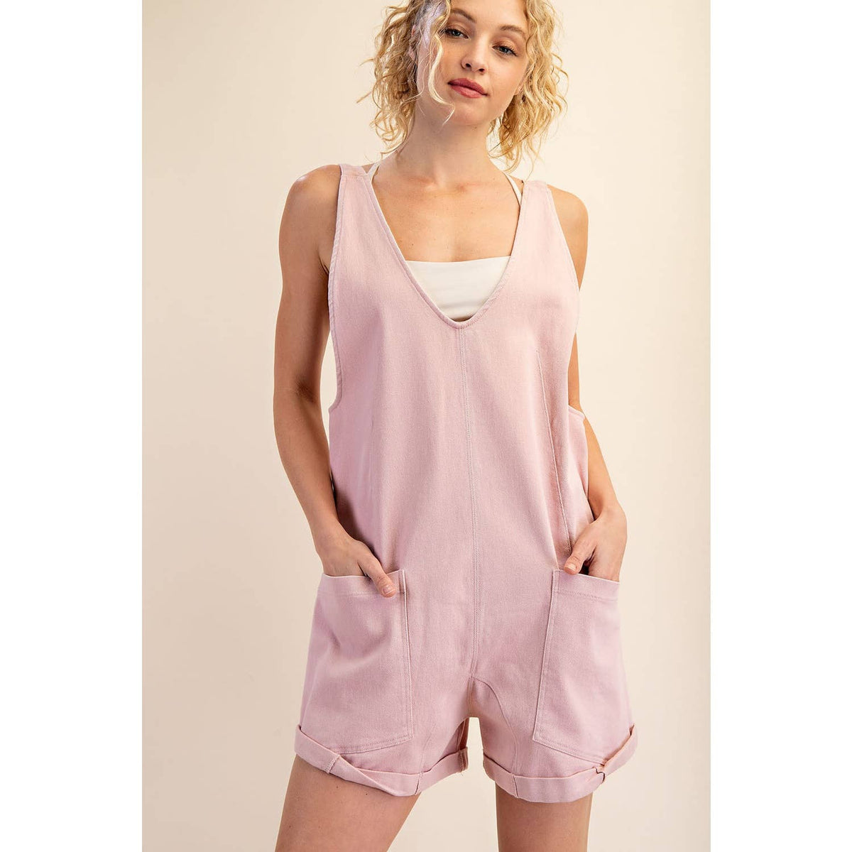 Rae Mode Cotton Twill Roll-Up Overall Short Romper: Dusty Sage