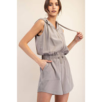 Rae Mode Poly Stretch Woven Sleeveless Hoodie Romper: Stone Taupe