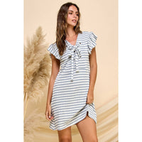 Veveret Coastal Charm Stripe Ruffle Sleeve Mini Dress - Steel blue/Ivory