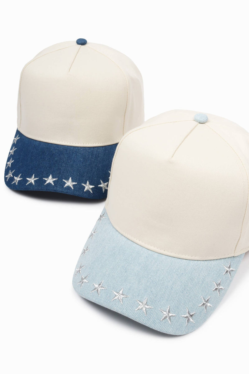 David And Young - STARS Embroidered Denim Brim 5 Panel Two Tone Cap: LT DENIM