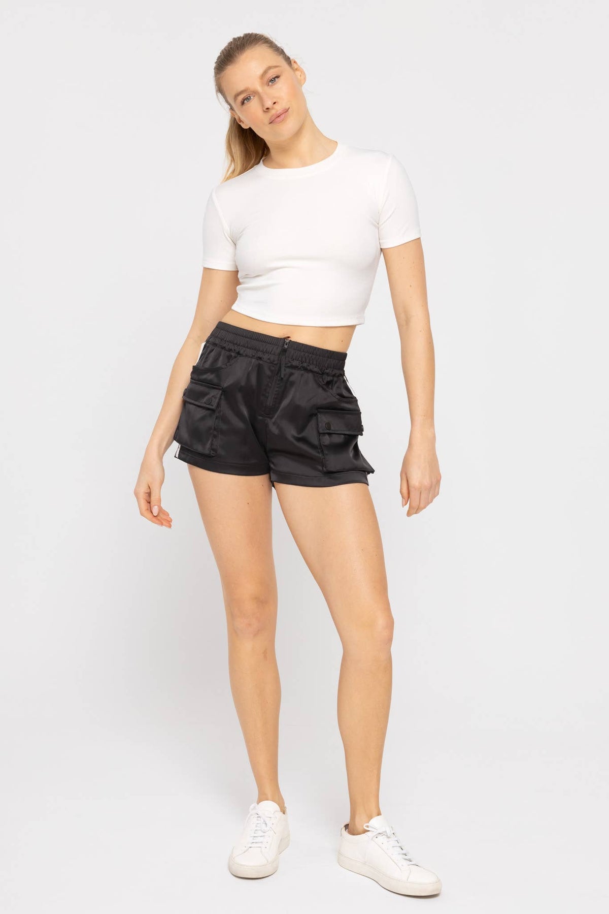 Mono B Essential Micro-Ribbed Cropped Athleisure Tee - NATURAL