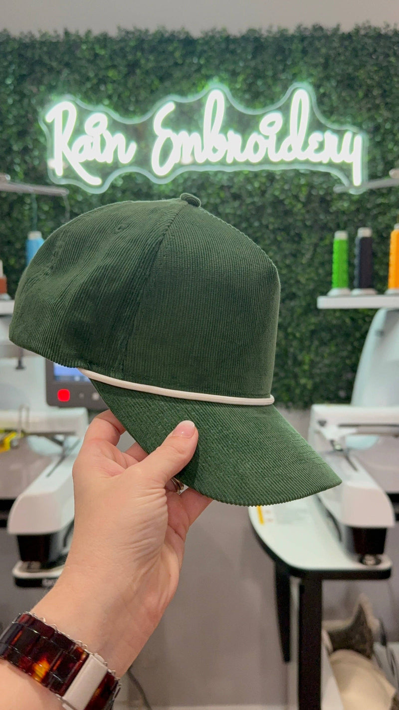 Rain Embroidery - Green Corduroy Trucker Hat (blank)