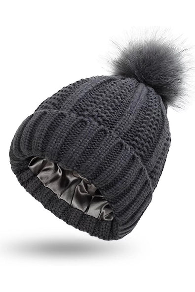 Nash Grey - Satin Lined Adult Pom Beanie