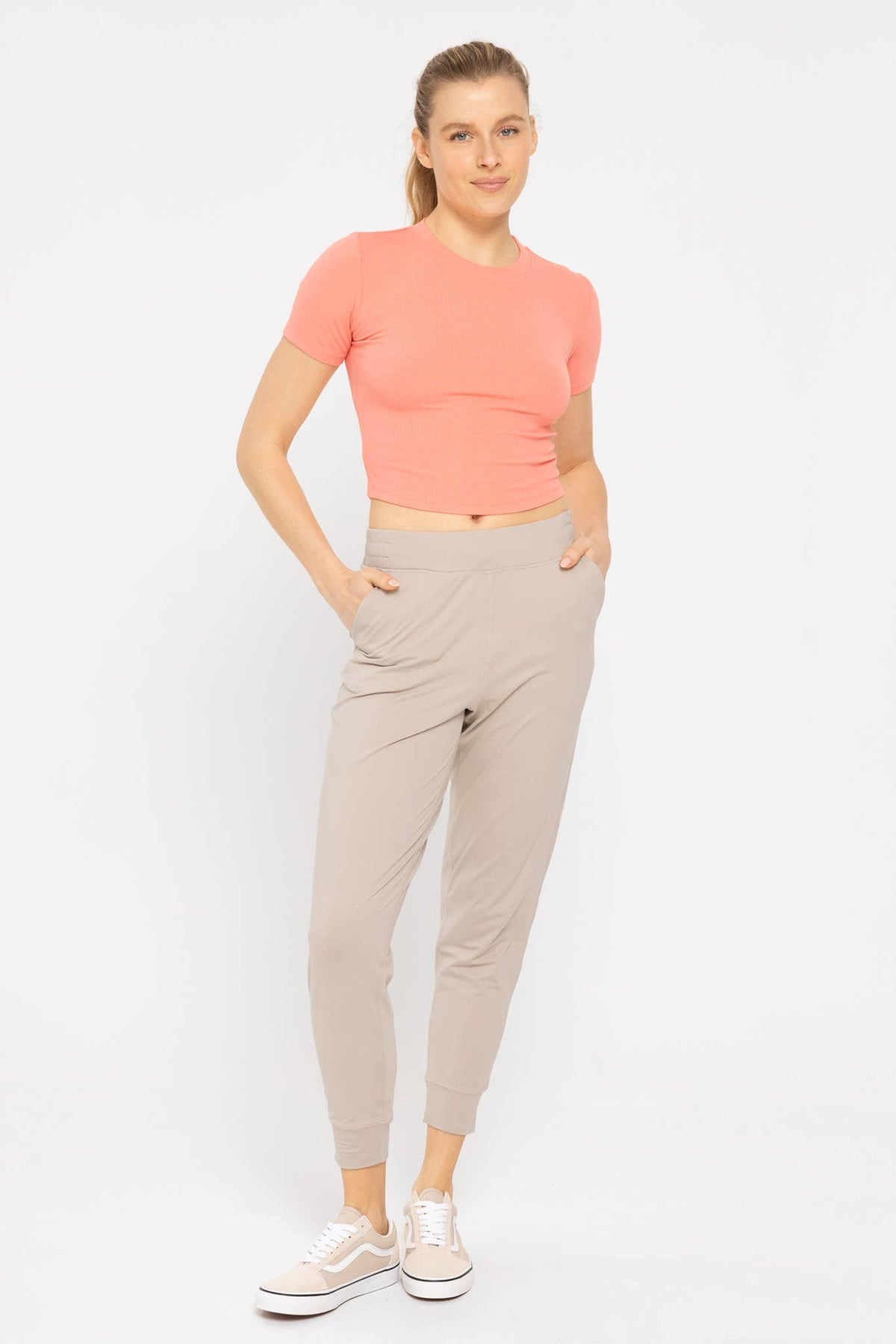 Mono B Essential Micro-Ribbed Cropped Athleisure Tee - DEEP TAUPE