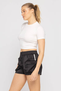 Mono B Essential Micro-Ribbed Cropped Athleisure Tee - NATURAL