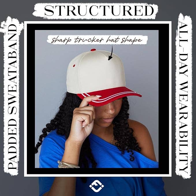Funky Junque - Embroidered Brim Two Tone Trucker Hat - Red/Beige