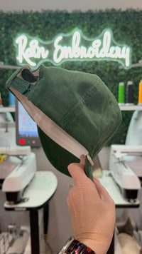 Rain Embroidery - Green Corduroy Trucker Hat (blank)